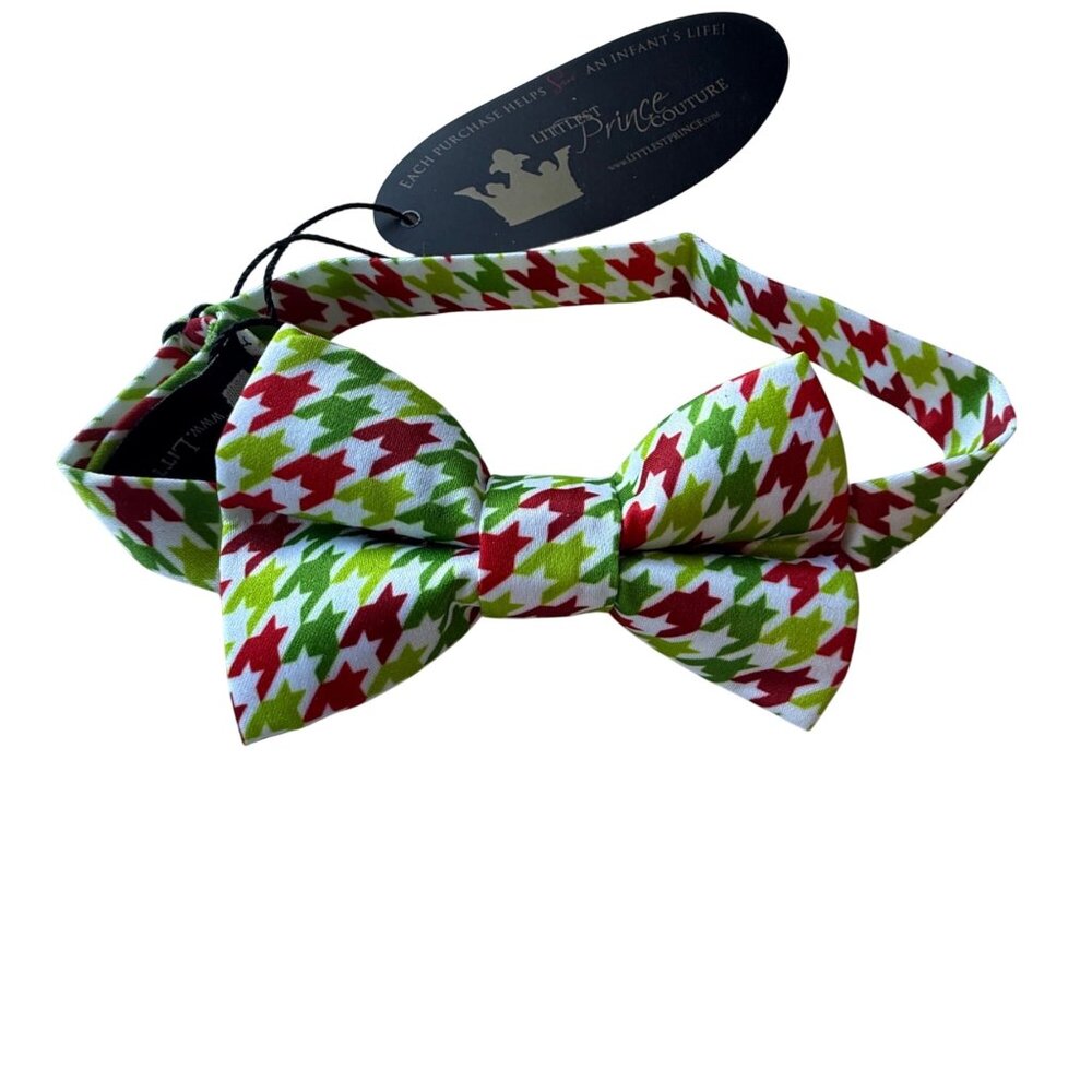 Littlest Prince Bow Tie Adjustable Holiday Houndstooth Red Green Polyester